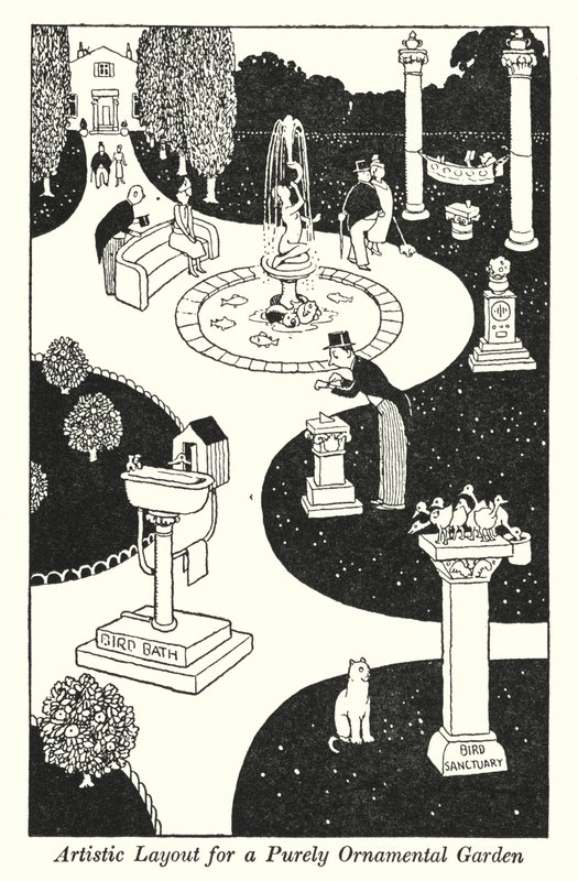 Konstnärlig layout för en rent prydnadsträdgård (litho) av William Heath Robinson