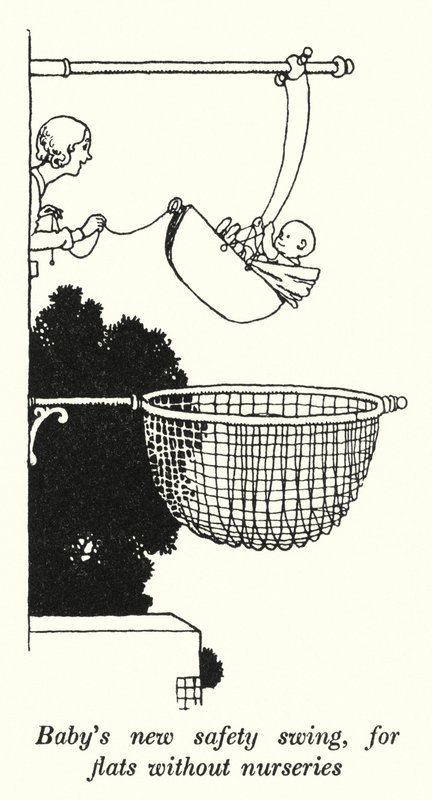 Babys nya säkerhetsgunga, för lägenheter utan barnkammare (litho) av William Heath Robinson