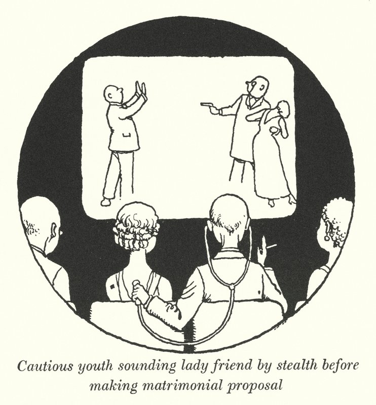 Försiktig ungdom låter smygande vän innan äktenskapsförordet (litho) av William Heath Robinson
