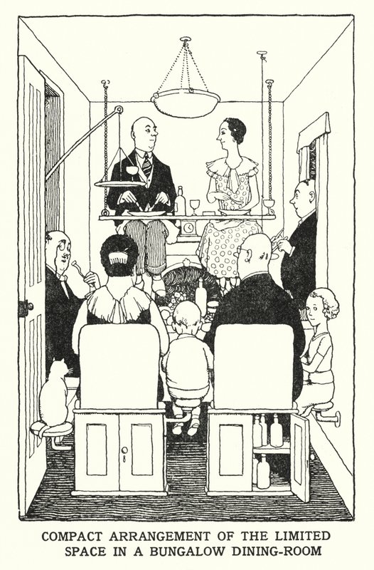 Kompakt arrangemang av det begränsade utrymmet i en bungalowmatsal (litho) av William Heath Robinson