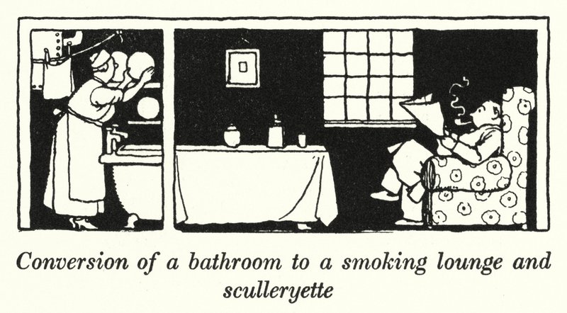 Omvandling av ett badrum till ett rökrum och ett pentry (litho) av William Heath Robinson