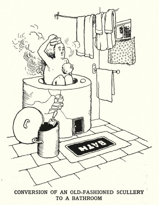 Konvertering av en gammaldags storkök till ett badrum (litho) av William Heath Robinson