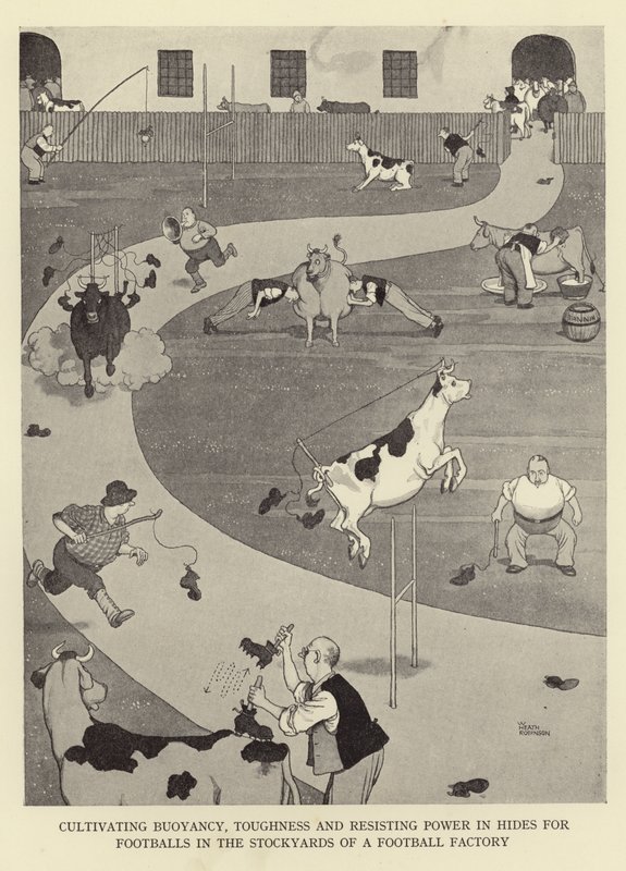 Odling av flytförmåga, seghet och motståndskraft hos hudar till fotbollar i en fotbollsfabriks lagerhallar. av William Heath Robinson