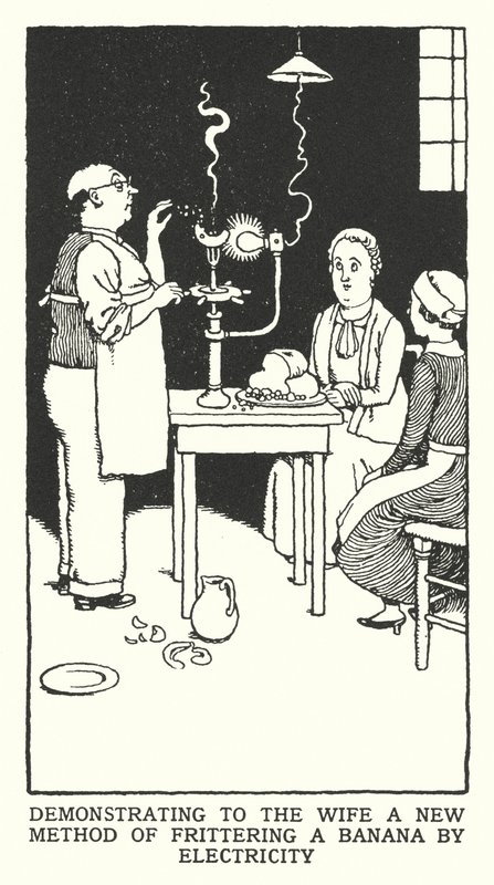 Demonstrerar för frun en ny metod för att fräsa en banan med elektricitet (litho) av William Heath Robinson