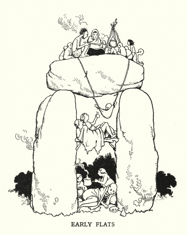 Tidiga lägenheter (litho) av William Heath Robinson