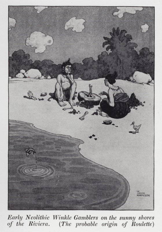Tidiga neolitiska Winkle Gamblers på Rivierans soliga stränder, Roulettens troliga ursprung (litho) av William Heath Robinson