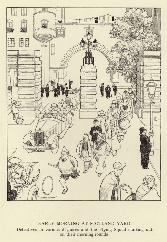 Tidig morgon på Scotland Yard, detektiver i olika förklädnader och Flying Squad som börjar på sina morgonronder av William Heath Robinson