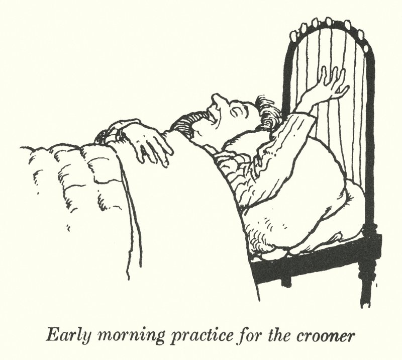 Tidig morgonträning för croonern (litho) av William Heath Robinson