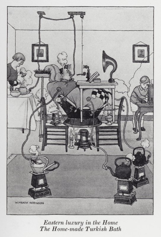 Östlig lyx i hemmet, det hemgjorda turkiska badet (litho) av William Heath Robinson