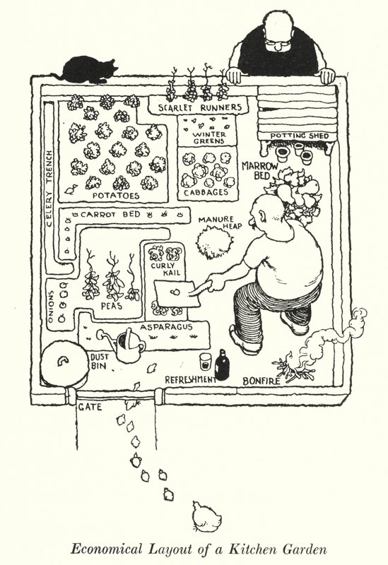 Ekonomisk layout av en köksträdgård (litho) av William Heath Robinson