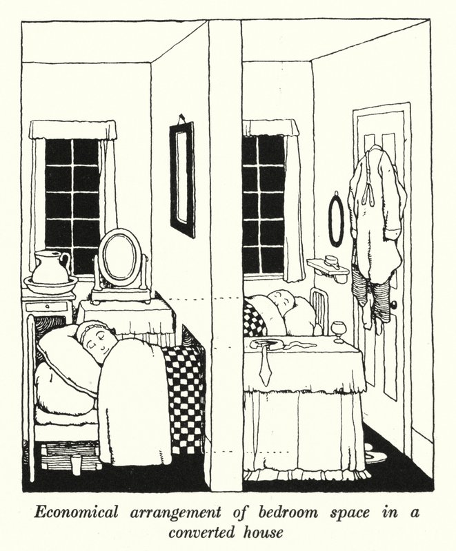Ekonomiskt arrangemang av sovrumsutrymme i ett ombyggt hus (litho) av William Heath Robinson