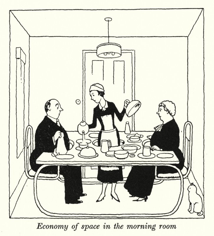 Rymdekonomi i morgonrummet (litho) av William Heath Robinson