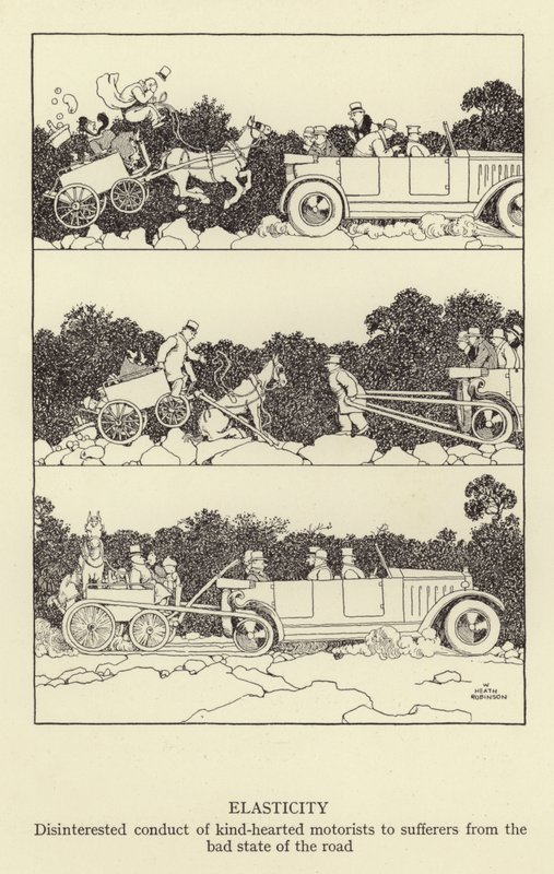 Elasticitet, ointresserade uppförande av godhjärtade bilister till personer som lider av det dåliga tillståndet på vägen av William Heath Robinson