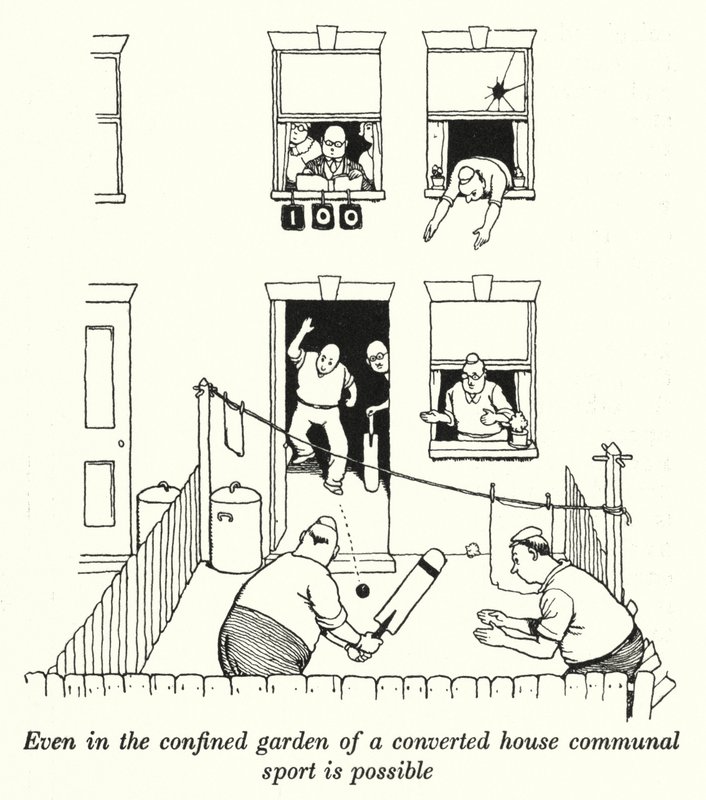 Även i den instängda trädgården i ett ombyggt hus är gemensam sport möjlig (litho) av William Heath Robinson