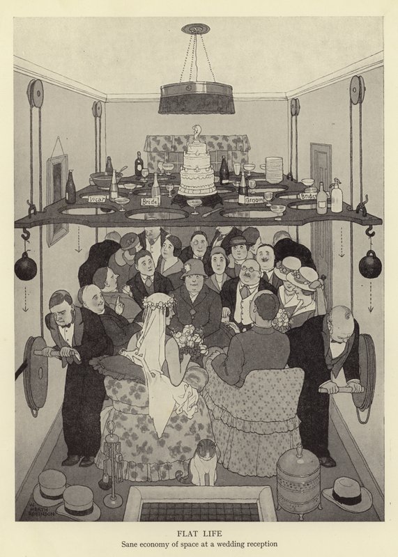 Platt liv, sund ekonomi av utrymme vid en bröllopsmottagning av William Heath Robinson