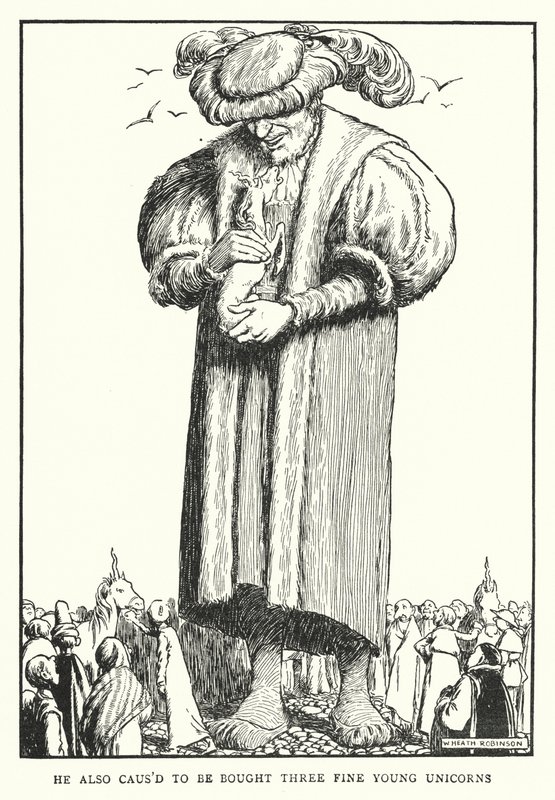 Han kunde också köpas tre fina unga enhörningar (litho) av William Heath Robinson