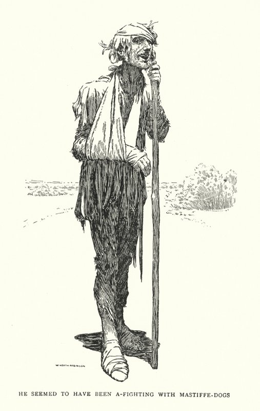 Han verkade ha slagits med mastiffe-hundar (litho) av William Heath Robinson