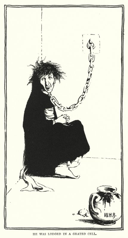 Han hölls in i en riven cell (gravyr) av William Heath Robinson
