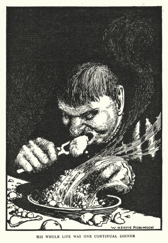 Hela hans liv var en kontinuerlig middag (litho) av William Heath Robinson