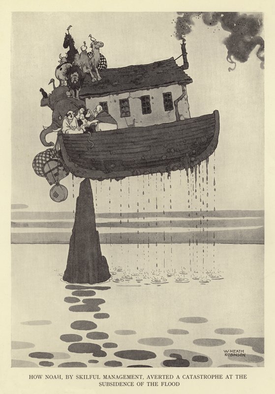 Hur Noa, genom skicklig ledning, avvärjde en katastrof när översvämningen föll av William Heath Robinson