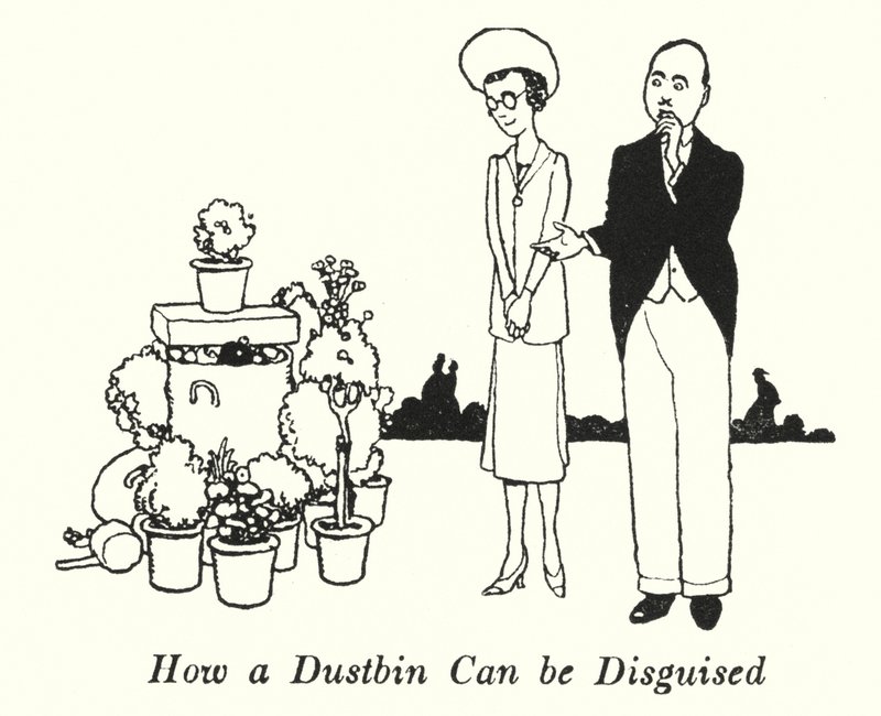Hur en soptunna kan döljas (litho) av William Heath Robinson