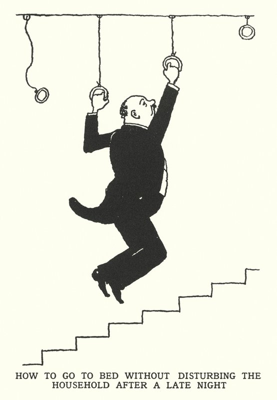 Hur man går och lägger sig utan att störa hushållet efter en sen natt (litho) av William Heath Robinson