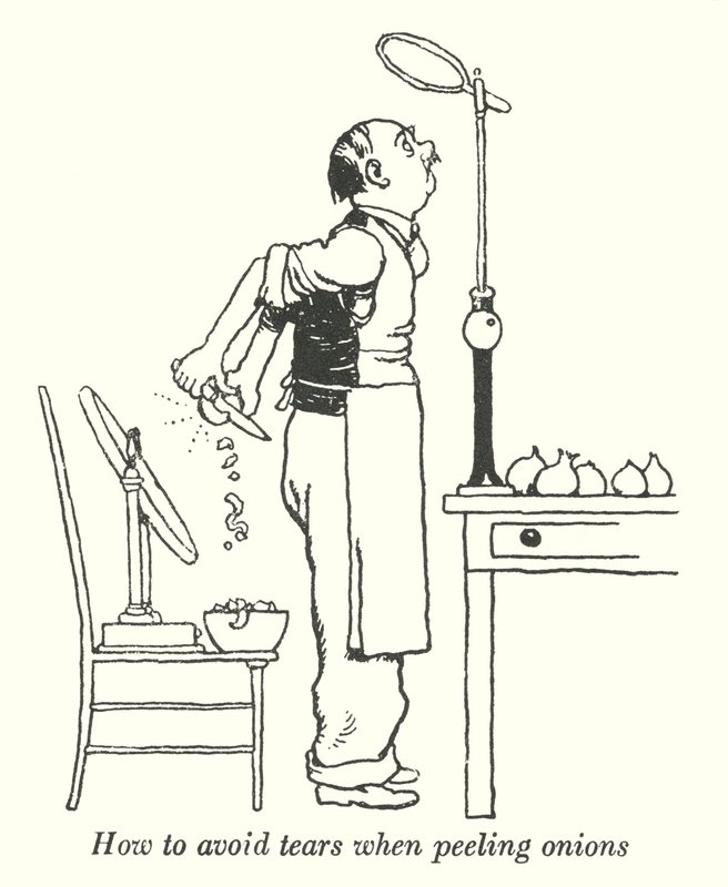 Hur man undviker tårar när man skalar lök (litho) av William Heath Robinson
