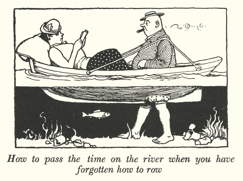 Hur man fördriver tiden på floden när man har glömt hur man ror (litho) av William Heath Robinson