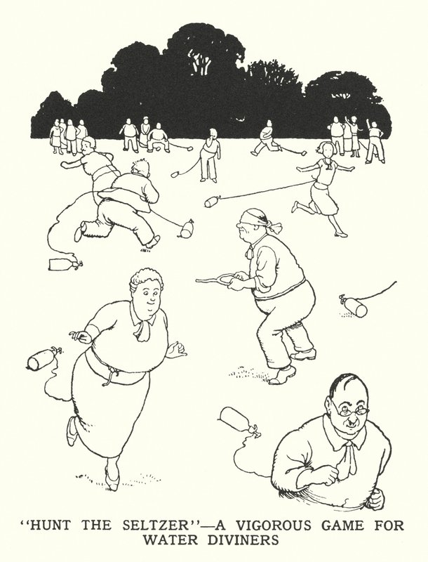 "Hunt the Seltzer", ett kraftfullt spel för vattenspårare (litho) av William Heath Robinson