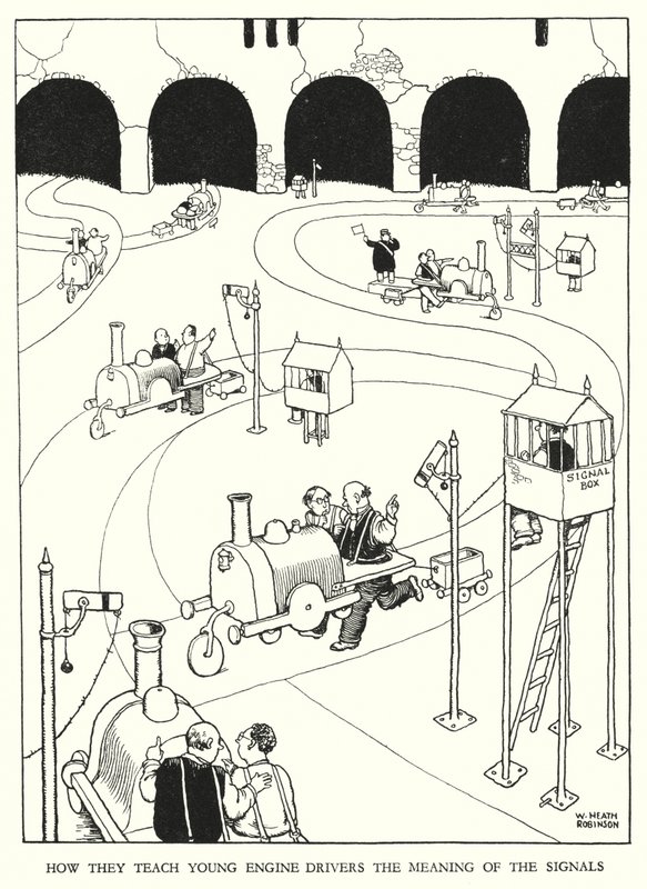 Illustration för Railway Ribaldry av W Heath Robinson (litho) av William Heath Robinson