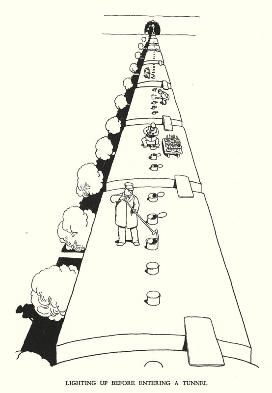 Illustration för Railway Ribaldry av W Heath Robinson (litho) av William Heath Robinson