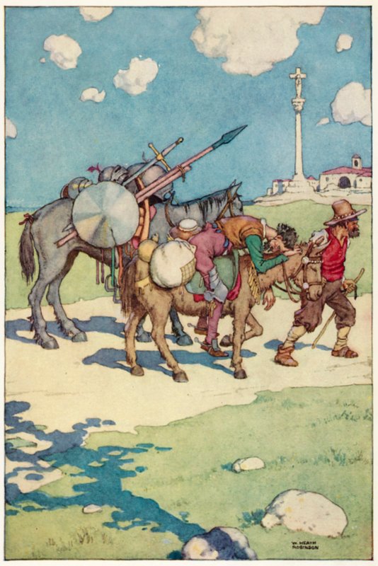 Illustration för The Adventures of Don Quijote (färg litho) av William Heath Robinson