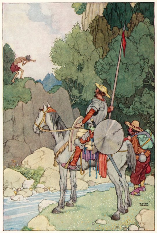 Illustration för The Adventures of Don Quijote (färg litho) av William Heath Robinson