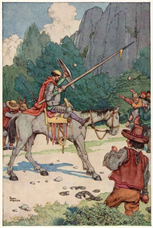 Illustration för The Adventures of Don Quijote (färg litho) av William Heath Robinson