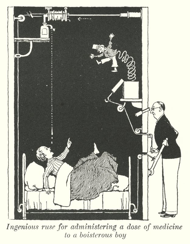 Genialisk list för att ge en dos medicin till en bullrig pojke (litho) av William Heath Robinson