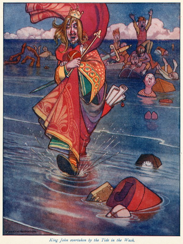 Kung John omkörd av tidvattnet i tvätten av William Heath Robinson