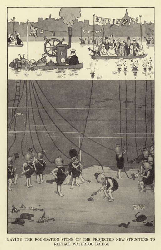 Lägger grundstenen för den planerade nya strukturen för att ersätta Waterloo Bridge av William Heath Robinson