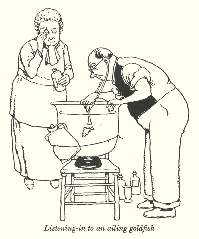 Lyssnar in på en sjuk guldfisk (litho) av William Heath Robinson