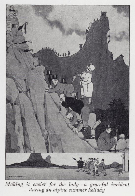 Att göra det lättare för damen, en graciös incident under en alpin sommarsemester (litho) av William Heath Robinson