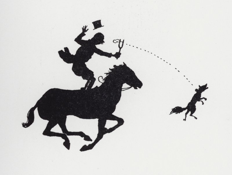 Man på häst som slungar räv (litho) av William Heath Robinson