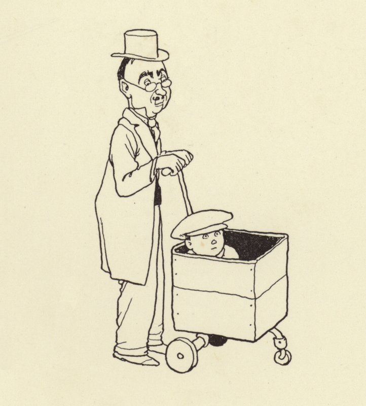 En man som knuffar en pojke i en låda av William Heath Robinson