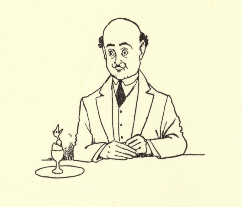 Man överraskad av fågel i hans morgonägg av William Heath Robinson