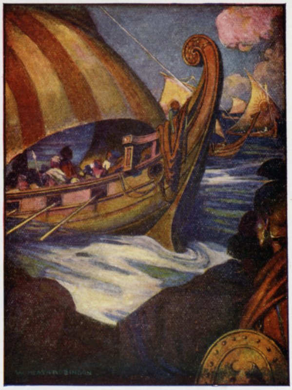 Många var hjältarna som seglade bort från Grekland (färg litho) av William Heath Robinson