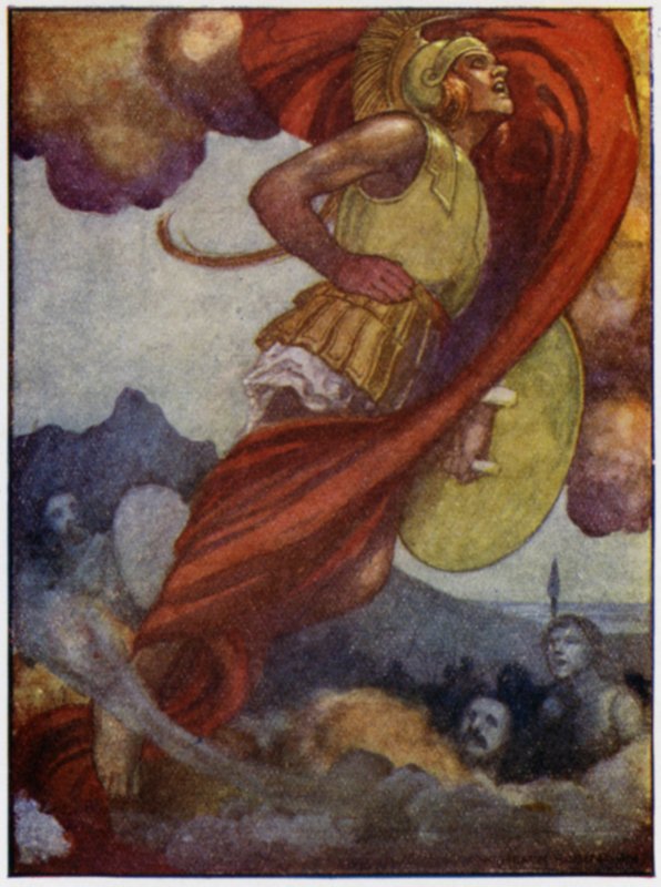 Mars, som ett åskmoln, svepte uppåt genom himlen till Olympus (färg litho) av William Heath Robinson