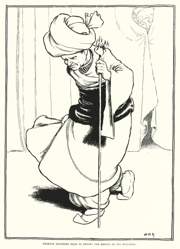 Mesrour skyndade tillbaka för att rapportera resultatet av sina förfrågningar (gravyr) av William Heath Robinson