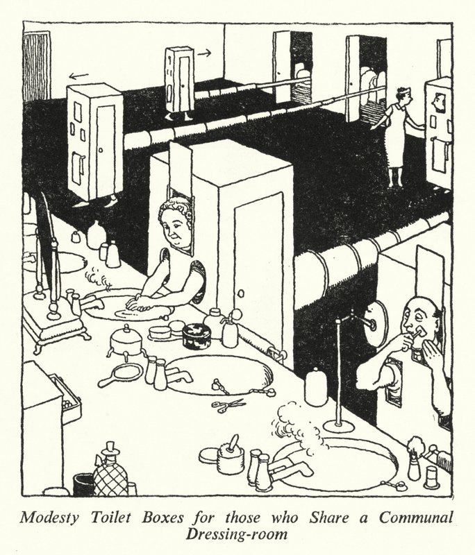 Modesty Toalettboxar för de som delar ett gemensamt omklädningsrum (litho) av William Heath Robinson