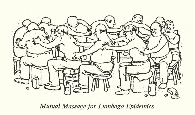 Ömsesidig massage för Lumbago-epidemier (litho) av William Heath Robinson