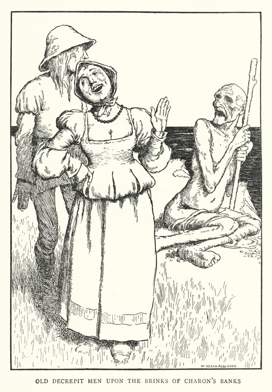 Gamla förfallna män på randen av Charons banker (litho) av William Heath Robinson