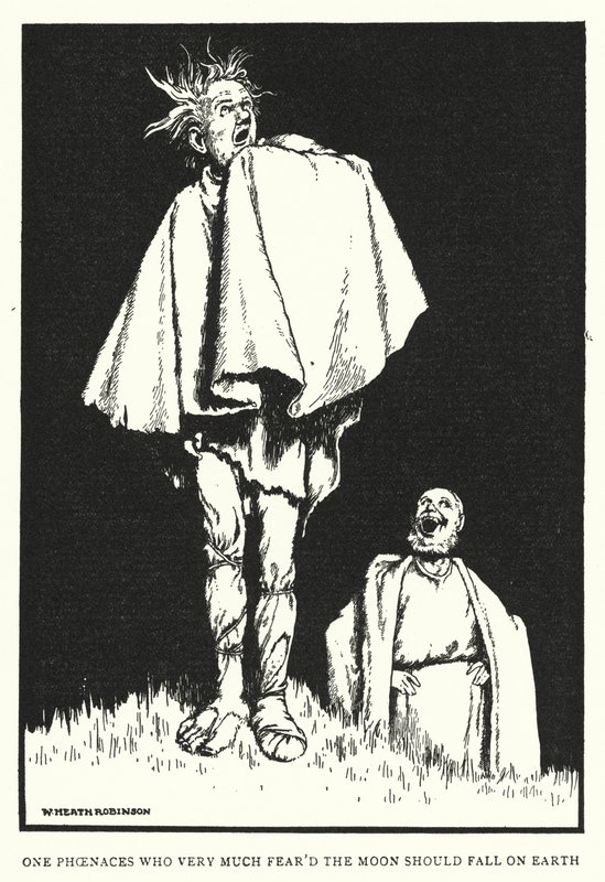 En Fenace som fruktade att månen skulle falla på jorden (litho) av William Heath Robinson