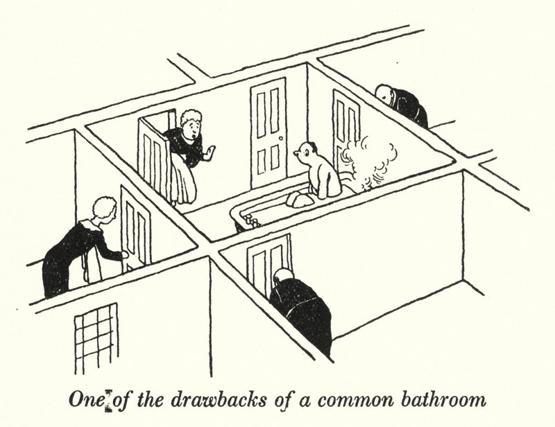 En av nackdelarna med ett gemensamt badrum (litho) av William Heath Robinson